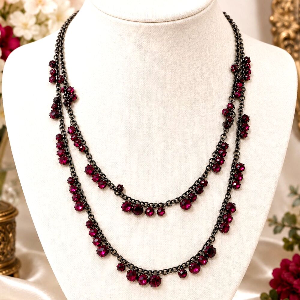 Lane Bryant Gunmetal Rhinestone Long Multi Chain Necklace